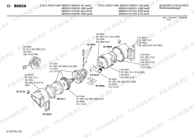 Взрыв-схема пылесоса Bosch BBS2412GB EXELLENCE 1300 - Схема узла 02