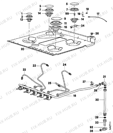 Взрыв-схема плиты (духовки) Faure CCG622W1 - Схема узла Oven and Top functional parts