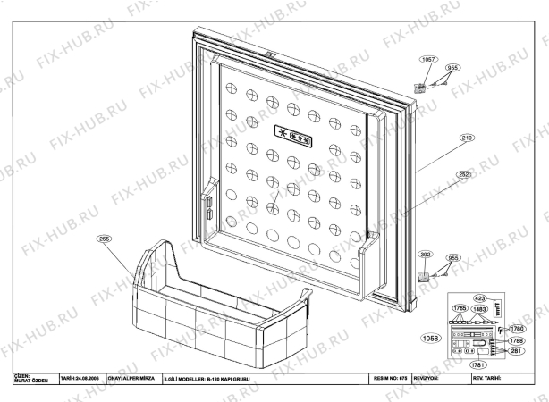 Взрыв-схема холодильника Beko BU1201 (7248546919) - DOOR ASSEMBLY (B-120 FREEZER / BUILT-IN / WITH DOOR SHELF)