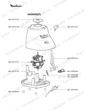 Взрыв-схема блендера (миксера) Moulinex AAW445(P) - Схема узла 4P001195.6P2