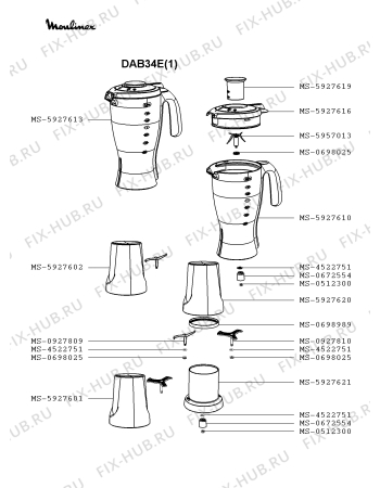 Взрыв-схема блендера (миксера) Moulinex DAB34E(1) - Схема узла SP002843.2P2