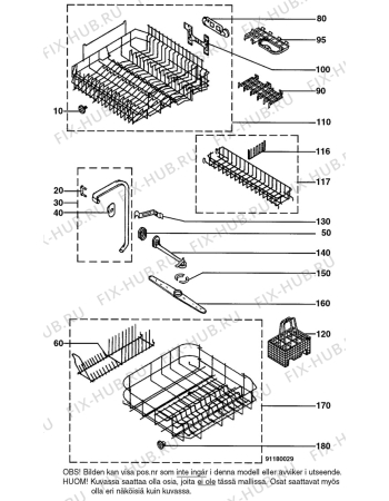 Взрыв-схема посудомоечной машины Husqvarna Electrolux QB413W - Схема узла W10 Baskets, spray arm, DGN