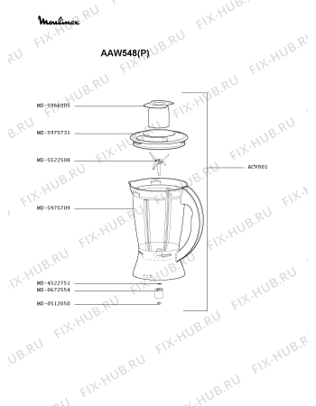 Взрыв-схема блендера (миксера) Moulinex AAW548(P) - Схема узла 8P001210.4P2