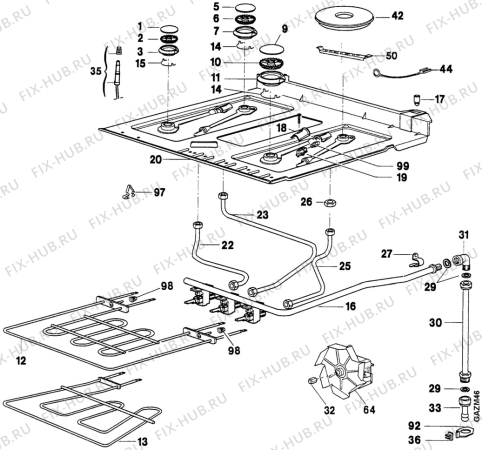 Взрыв-схема плиты (духовки) Electrolux EK6424/1 - Схема узла Oven and Top functional parts