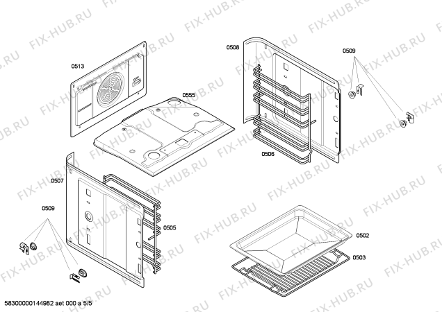 Взрыв-схема плиты (духовки) Siemens HB43AB251F Horno.siemens.3D.indp.S5a.E0_CF_E.blanco - Схема узла 05