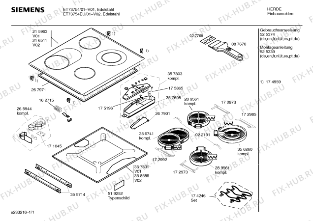 Схема №1 ET73754EU с изображением Стеклокерамика для плиты (духовки) Siemens 00216511