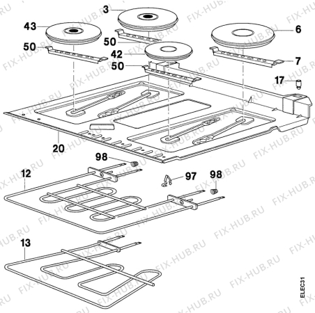 Взрыв-схема плиты (духовки) Arthurmartinelux CE6055W1 - Схема узла Oven and Top functional parts