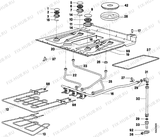 Взрыв-схема плиты (духовки) Faure CCT672C1 - Схема узла Oven and Top functional parts