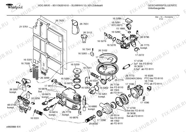 Взрыв-схема посудомоечной машины Whirlpool SL6WHH1 ADGMAXI-851156201610 - Схема узла 04