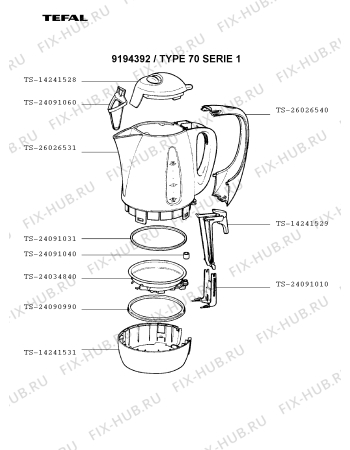 Взрыв-схема чайника (термопота) Tefal 9194392 - Схема узла 5P001170.5P2