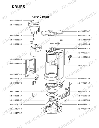 Взрыв-схема кофеварки (кофемашины) Krups F3104C10(B) - Схема узла KP001643.6P2