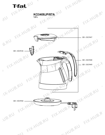 Схема №1 KO3408JP/87A с изображением Корпусная деталь для чайника (термопота) Seb SS-202950