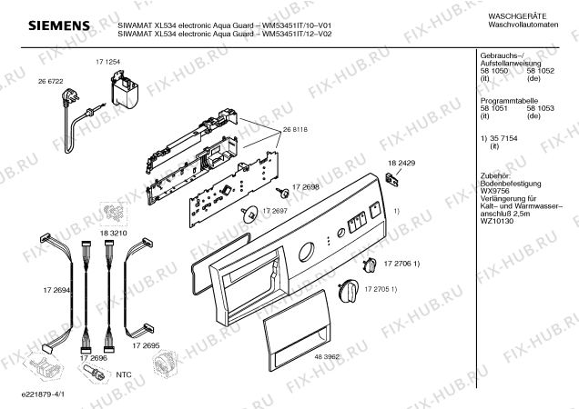 Схема №1 WM53451IT SIWAMAT XL534 electronic Aqua Guard с изображением Таблица программ для стиральной машины Siemens 00581051