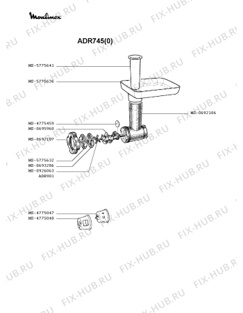 Взрыв-схема мясорубки Moulinex ADR745(0) - Схема узла ZP001054.7P2