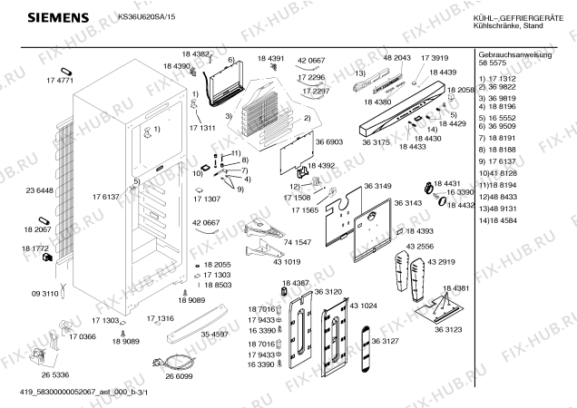 Схема №1 KS36U620SA с изображением Инструкция по эксплуатации для холодильника Siemens 00585575