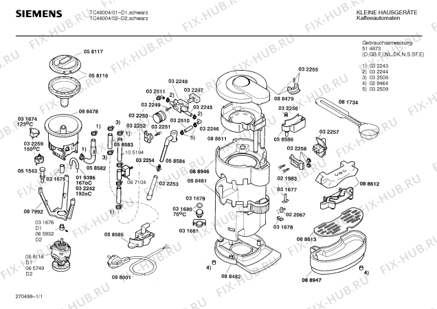 Схема №1 TC48004 с изображением Верхняя часть корпуса для электрокофеварки Siemens 00088946