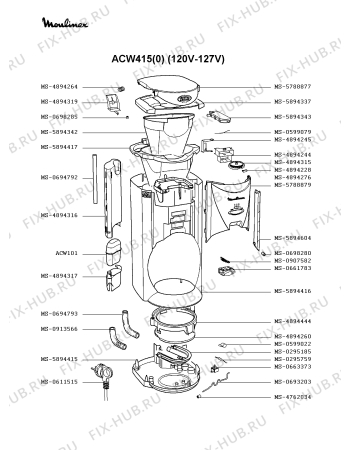 Взрыв-схема кофеварки (кофемашины) Moulinex ACW415(0) - Схема узла QP001575.8P2