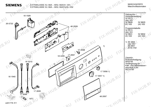 Схема №1 WXL130A EXTRAKLASSE XL 130 A с изображением Таблица программ для стиралки Siemens 00583947