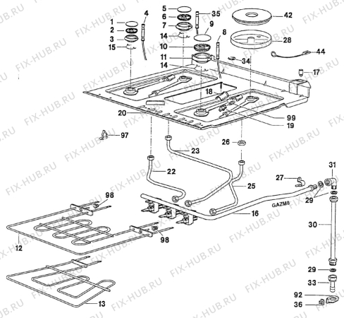 Взрыв-схема плиты (духовки) Electrolux EK6430/1 - Схема узла Oven and Top functional parts