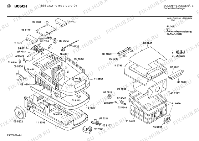 Схема №2 0752210279 BBS2322 с изображением Верхняя часть корпуса для электропылесоса Bosch 00118797