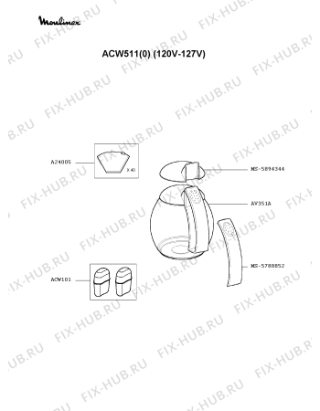 Взрыв-схема кофеварки (кофемашины) Moulinex ACW511(0) - Схема узла MP001586.2P2