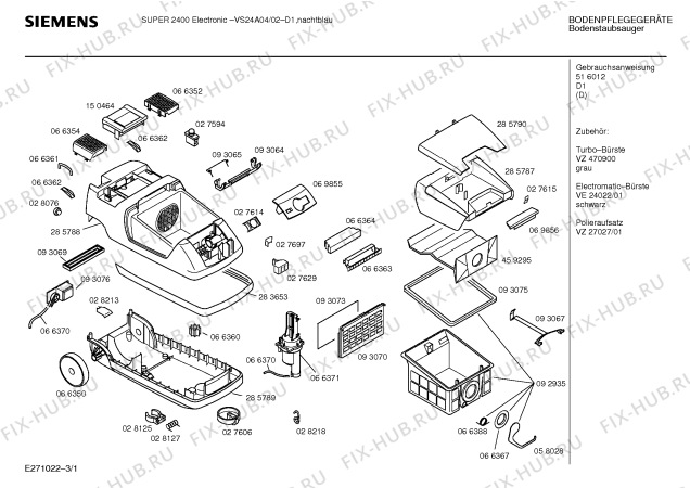 Схема №1 VS24A24AA SUPER 2400 Electronic с изображением Нижняя часть корпуса для пылесоса Siemens 00285789