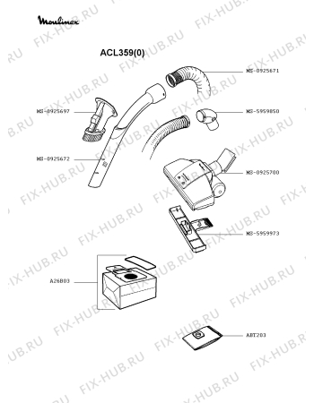 Взрыв-схема пылесоса Moulinex ACL359(0) - Схема узла AP002215.0P2