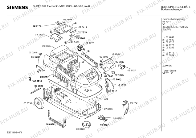 Схема №2 VS91163CH SUPER 911 ELECTRONIC с изображением Верхняя часть корпуса для пылесоса Siemens 00289535