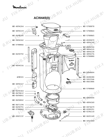 Взрыв-схема кофеварки (кофемашины) Moulinex ACW445(0) - Схема узла 2P001573.4P2