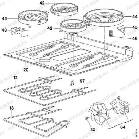 Взрыв-схема плиты (духовки) Electrolux EK6484/2 - Схема узла Oven and Top functional parts