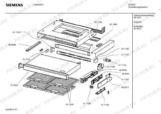 Схема №2 LI99059EU с изображением Металлический жироулавливающий фильтр для электровытяжки Siemens 00431220