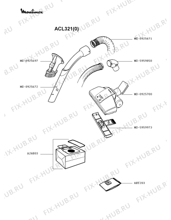 Взрыв-схема пылесоса Moulinex ACL321(0) - Схема узла 0P002210.4P3