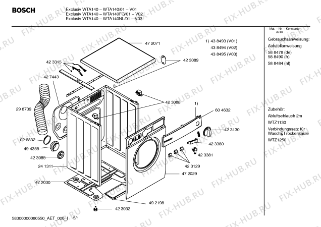 Схема №2 WTA140NL Exklusiv WTA140 с изображением Инструкция по установке и эксплуатации для сушильной машины Bosch 00588484