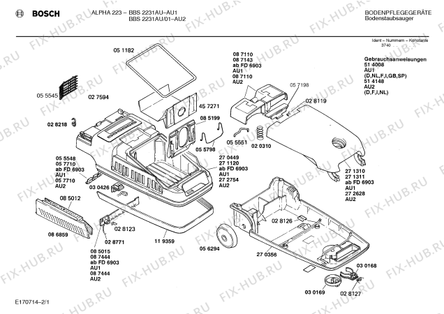 Схема №1 BBS2231AU ALPHA 223 с изображением Кабельная катушка для пылесоса Bosch 00087111