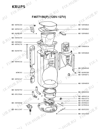 Взрыв-схема кофеварки (кофемашины) Krups F4677156(P) - Схема узла RP001835.1P2