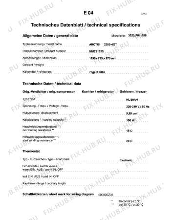 Взрыв-схема холодильника Aeg ARC2385-4GT - Схема узла Technical features