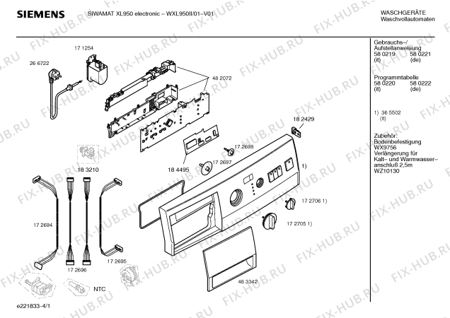 Схема №4 WXL1250II SIWAMAT XL 1250 с изображением Таблица программ для стиралки Siemens 00580222
