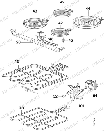 Взрыв-схема плиты (духовки) Electrolux EK6489W1 - Схема узла Oven and Top functional parts