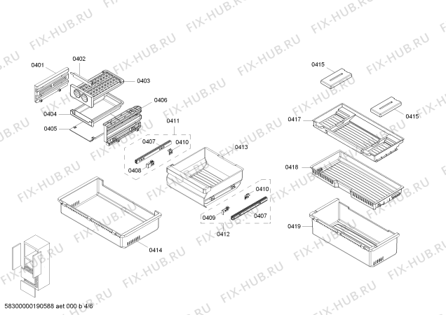 Схема №4 KMF40SA20R Bosch с изображением Выдвижной ящик для холодильной камеры Bosch 00689854