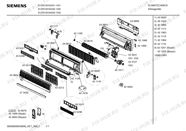 Схема №1 B1ZKI24104 с изображением Сенсор для сплит-системы Siemens 00421110