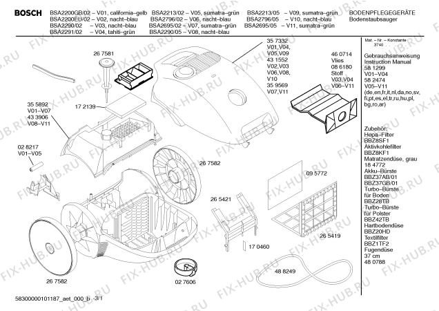 Схема №1 BSA2710 sphera 27 1700W с изображением Инструкция по эксплуатации для мини-пылесоса Bosch 00582474