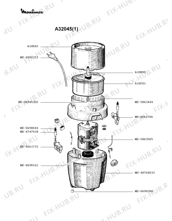 Взрыв-схема блендера (миксера) Moulinex A32045(1) - Схема узла 1P001137.7P2