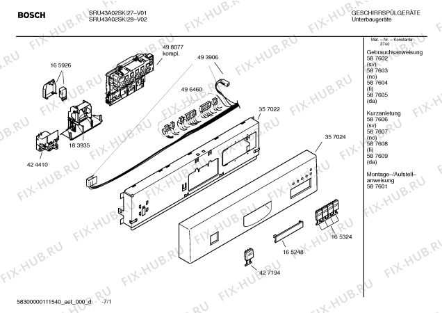 Схема №5 SRU43A02SK с изображением Краткая инструкция для посудомоечной машины Bosch 00587609