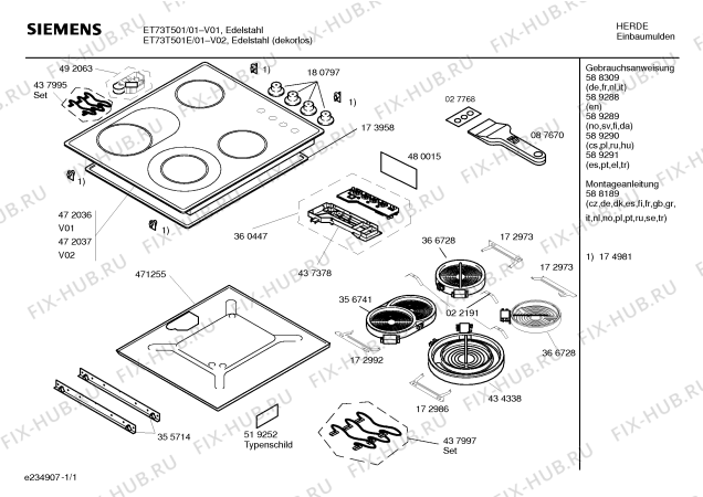 Схема №1 ET73T501C с изображением Инструкция по эксплуатации для плиты (духовки) Siemens 00589288