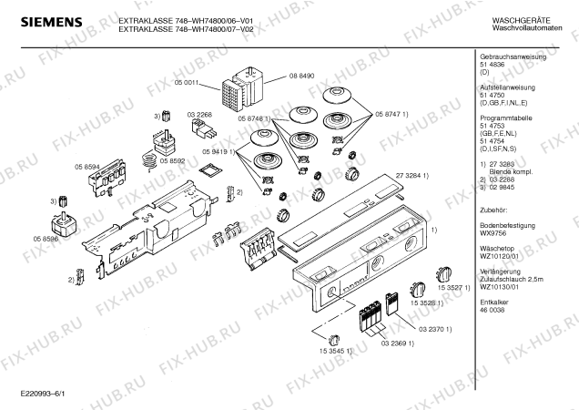 Схема №6 WH74800, EXTRAKLASSE 748 с изображением Вкладыш в панель для стиралки Siemens 00273284