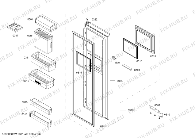 Схема №3 KAN93S65TI с изображением Дверь для холодильной камеры Bosch 00638805