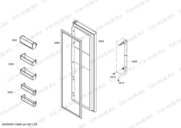 Схема №2 KAN58A50NE с изображением Дверь для холодильника Bosch 00244778