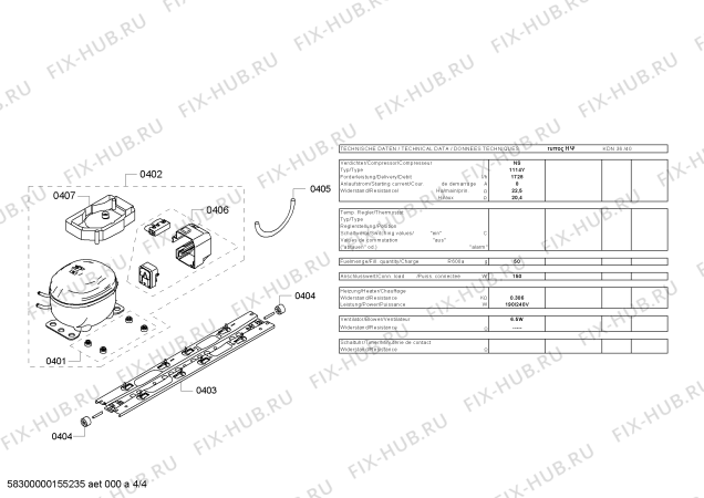 Схема №2 KDN40X10 с изображением Ремкомплект для холодильной камеры Bosch 00249937