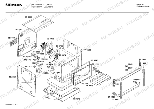 Взрыв-схема плиты (духовки) Siemens HE35221 - Схема узла 03