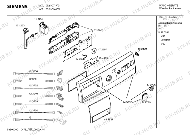 Схема №1 WXL1052II -freeStyle 1052 с изображением Панель управления для стиральной машины Siemens 00445382